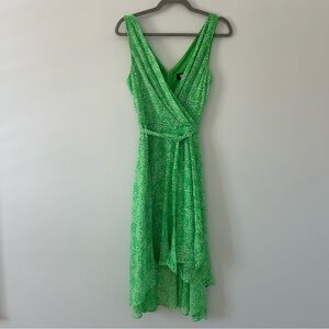 DKNY Lime Green White Chiffon Sleeveless Faux Wrap V Neck Fit & Flare Midi Dress